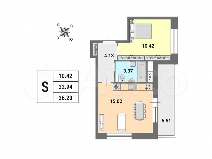 1-к. квартира, 32,9 м², 11/12 эт.