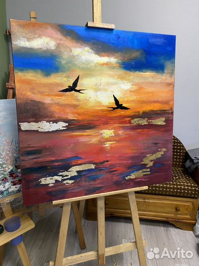 Картина маслом с ласточками «Закат на озере»