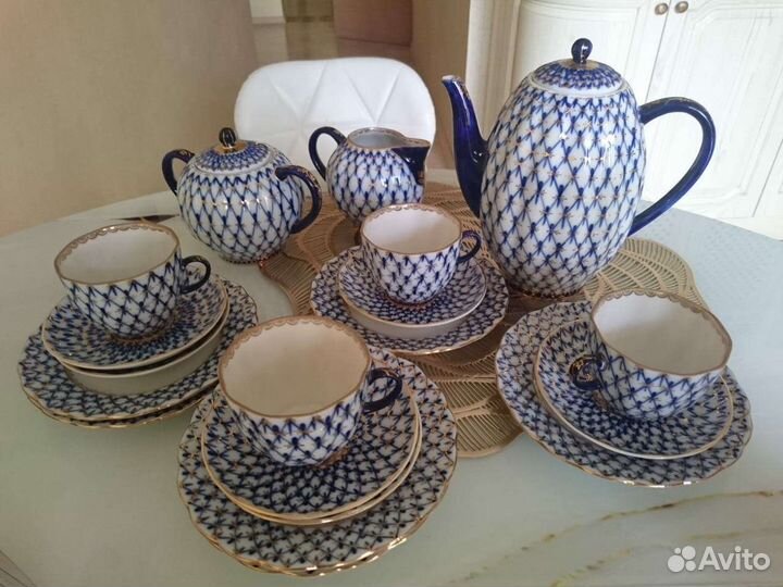 Кофейный сервиз лфз Кобальтовая сетка с позолотой