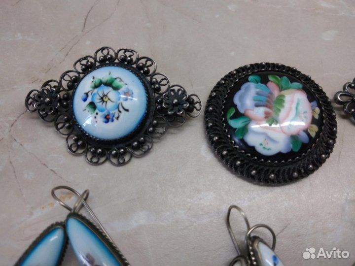 Серьги, броши, кулоны. Финифть. Мельхиор. Винтаж