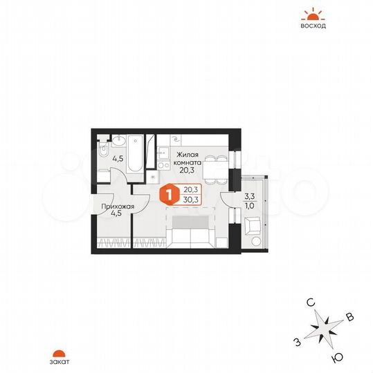 Квартира-студия, 30,3 м², 9/9 эт.