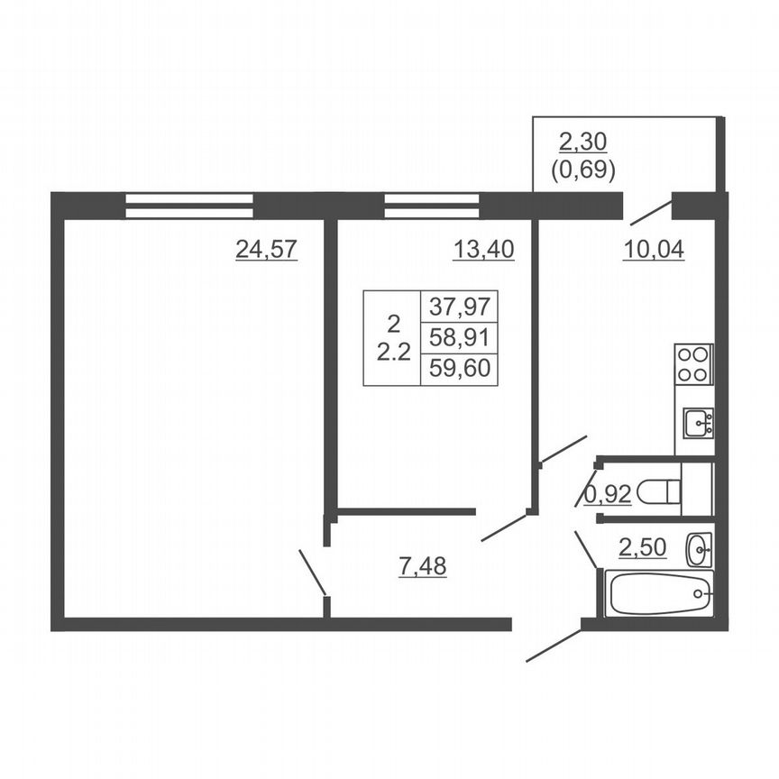 2-к. квартира, 59,6 м², 8/16 эт.