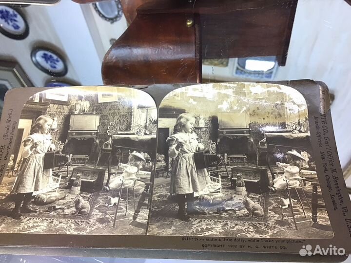 1902 год стереофотография девочка с игрушками