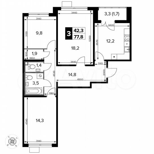 3-к. квартира, 77,8 м², 13/14 эт.