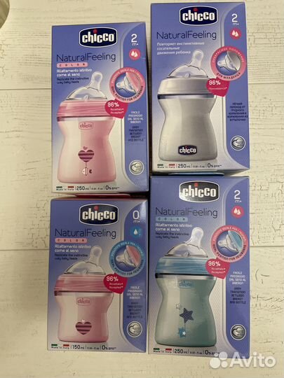 Новая Бутылочка Chicco, стекло/ пластик, соски