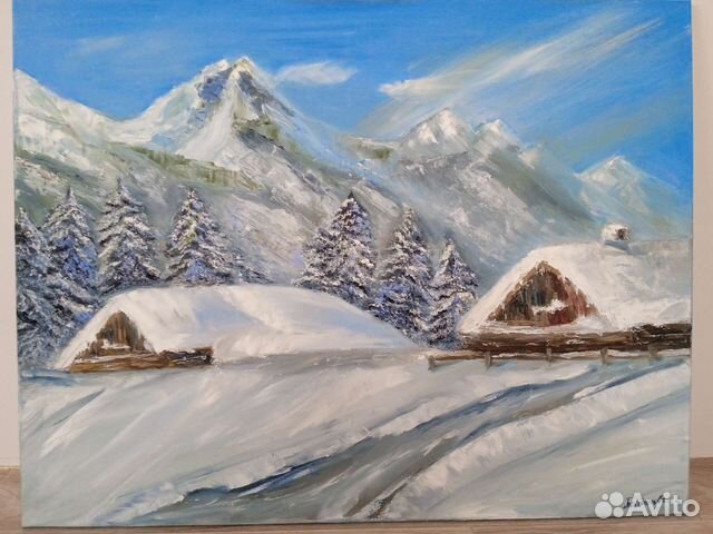 Картина маслом на холсте. Зимний пейзаж. Большая