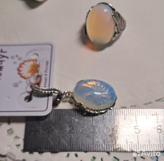 Серьги и кольцо 17 лунный камень серебрение
