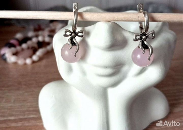 Розовый кварц серьги бусы