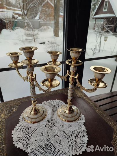 Подсвечник канделябр латунный с перламутром