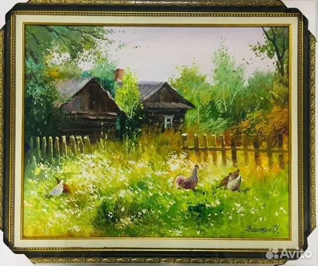 Картина деревня охота лето березки