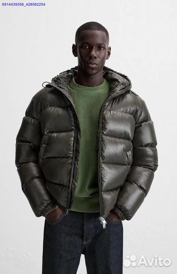 Пуховик Zara x Moncler Глянцевый Хаки (Арт.97401)