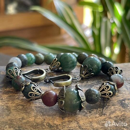 Браслет и серьги из агата и яшмы