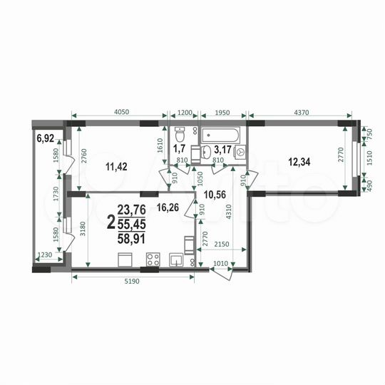 2-к. квартира, 58,9 м², 8/12 эт.