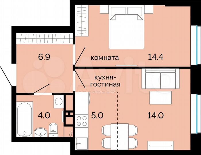 2-к. квартира, 44,3 м², 2/25 эт.