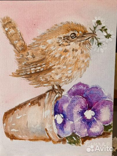 Картина маслом Миниатюра. Птичка и цветок