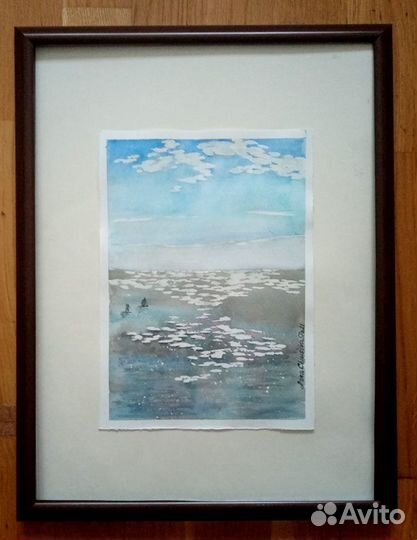 Картина акварель миниатюра Море Утро