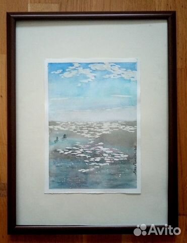 Картина акварель миниатюра Море Утро
