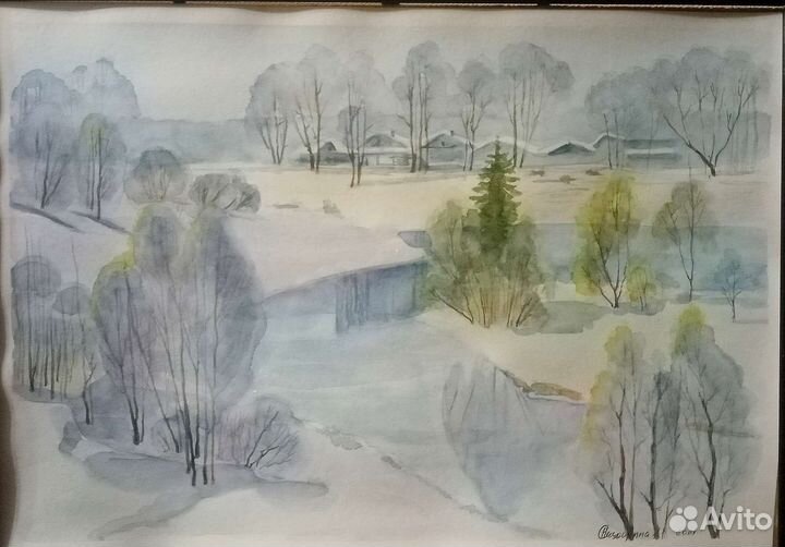 Картина Зима Акварель Пейзаж