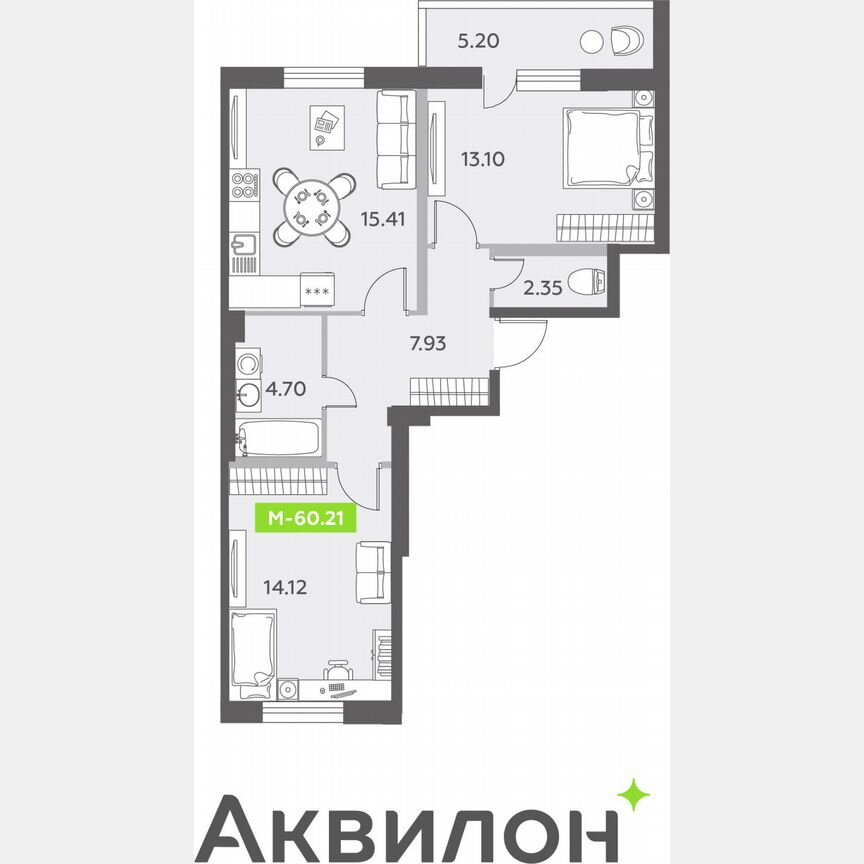 2-к. квартира, 60,2 м², 2/12 эт.