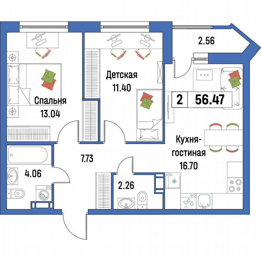 2-к. квартира, 56,5 м², 10/16 эт.