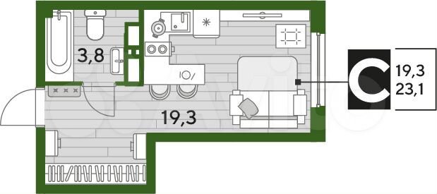 Квартира-студия, 23,1 м², 12/16 эт.