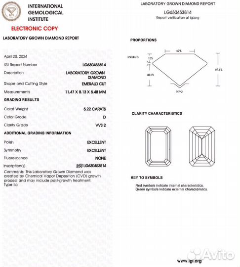 Кольцо с бриллиантом 5.22ct, D, VVS2, IGI, CVD