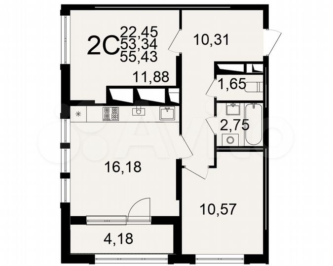 2-к. квартира, 55,4 м², 12/25 эт.