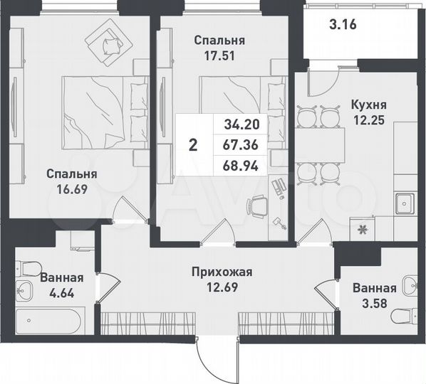 2-к. квартира, 68,9 м², 7/12 эт.