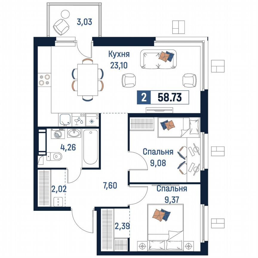 2-к. квартира, 58,7 м², 7/18 эт.
