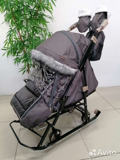 Новые санки-коляска Galaxy (лен/серо-коричневый)