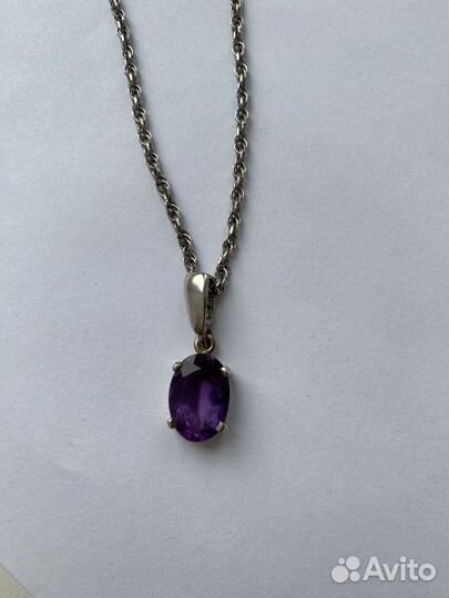 Серебряная цепь и кулон с аметистом. 55 см