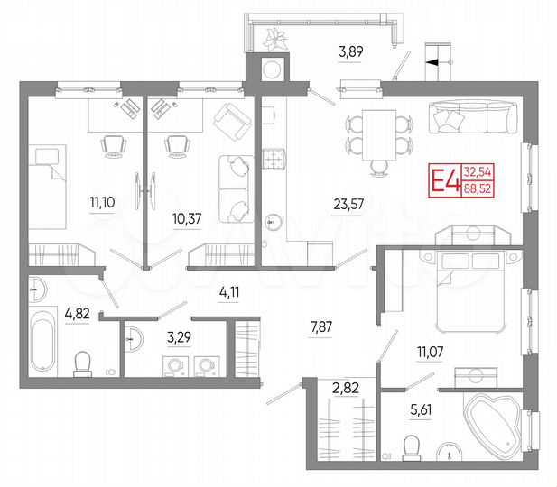 3-к. квартира, 88,5 м², 1/18 эт.