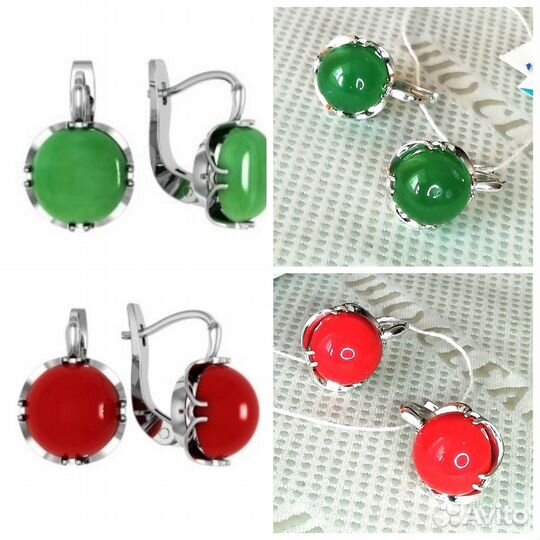 Серьги хризопраз, коралл серебро С153