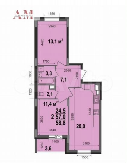 2-к. квартира, 58,8 м², 16/17 эт.