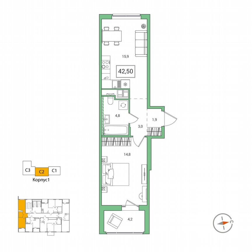1-к. квартира, 42,5 м², 2/12 эт.
