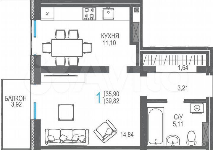1-к. квартира, 39,8 м², 4/16 эт.