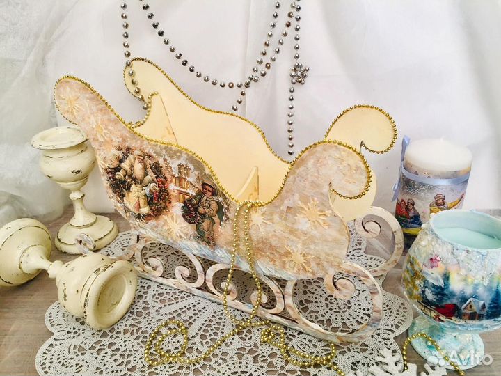 Новогодний декор.Сани.Домики.Шкатулка