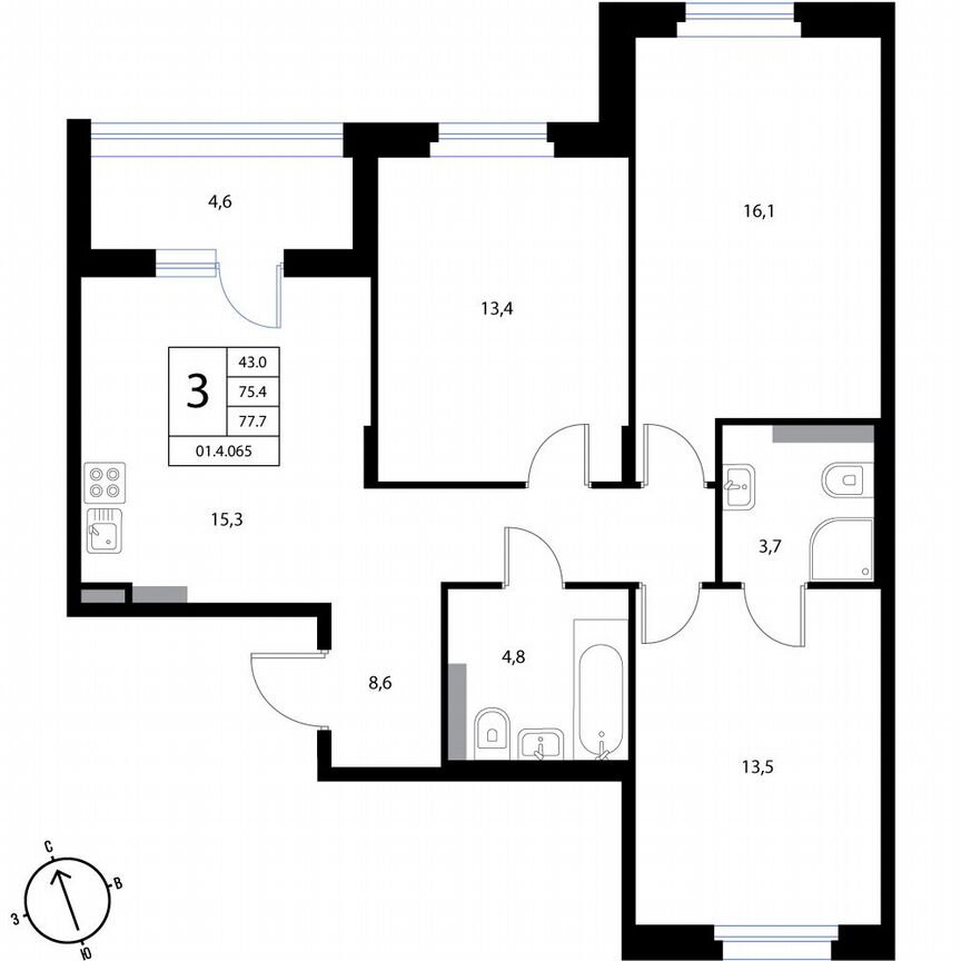 3-к. квартира, 77,7 м², 3/3 эт.