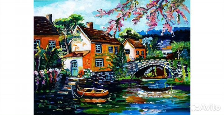 Картина маслом Пейзаж с домиками холст 30на40см