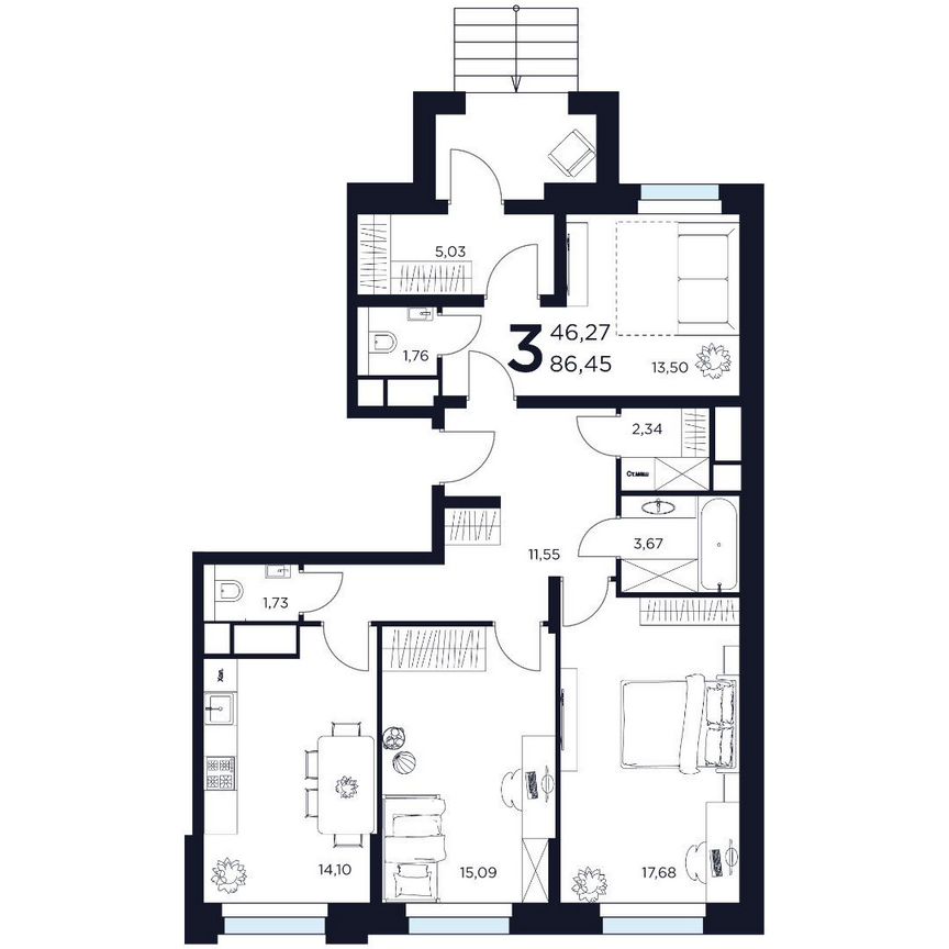 3-к. квартира, 86,5 м², 1/15 эт.