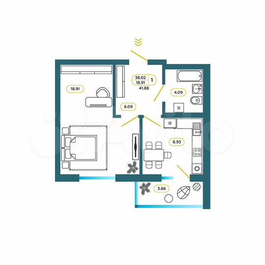 1-к. квартира, 41,9 м², 3/9 эт.