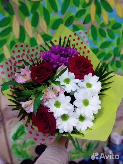 Роза, букет, хризантемы