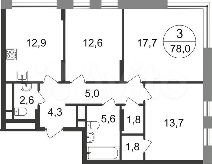 3-к. квартира, 78 м², 3/17 эт.
