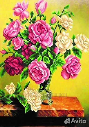 Алмазная мозаика 30x40 Букет красивых розовых и бе