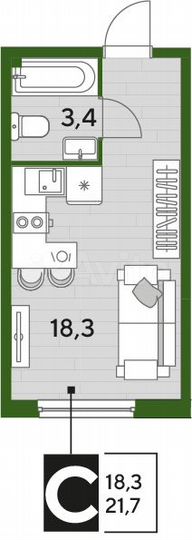 Квартира-студия, 21,7 м², 2/16 эт.