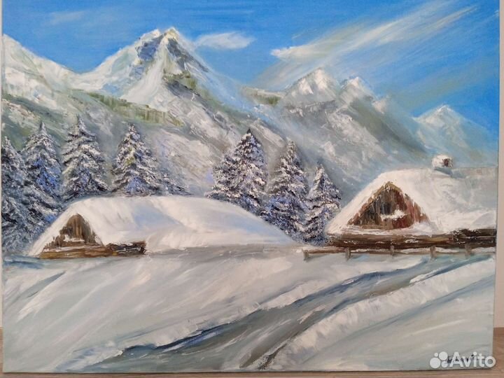 Картина маслом на холсте. Зимний пейзаж. Большая