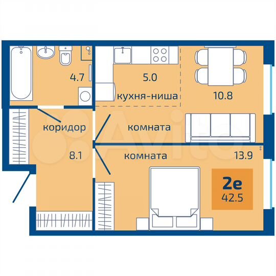 2-к. квартира, 42,5 м², 1/10 эт.