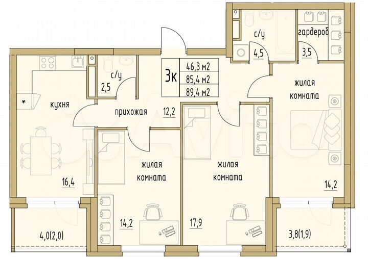 3-к. квартира, 89,4 м², 4/6 эт.