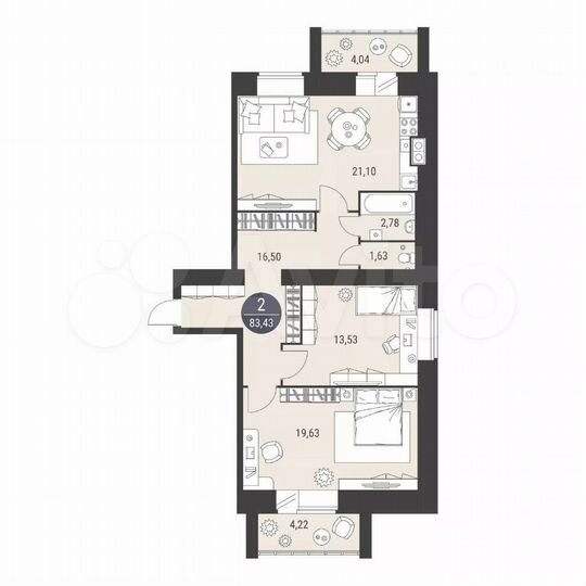 2-к. квартира, 83,4 м², 4/9 эт.