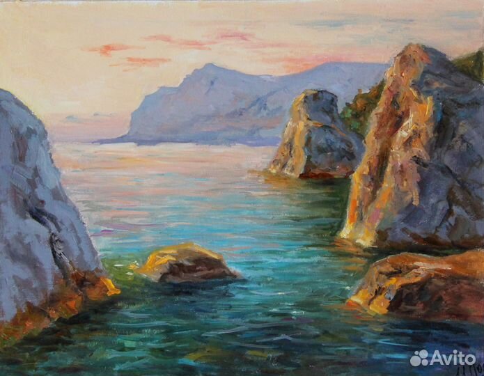 Картина маслом Морской пейзаж Закат в Ласпи Крым